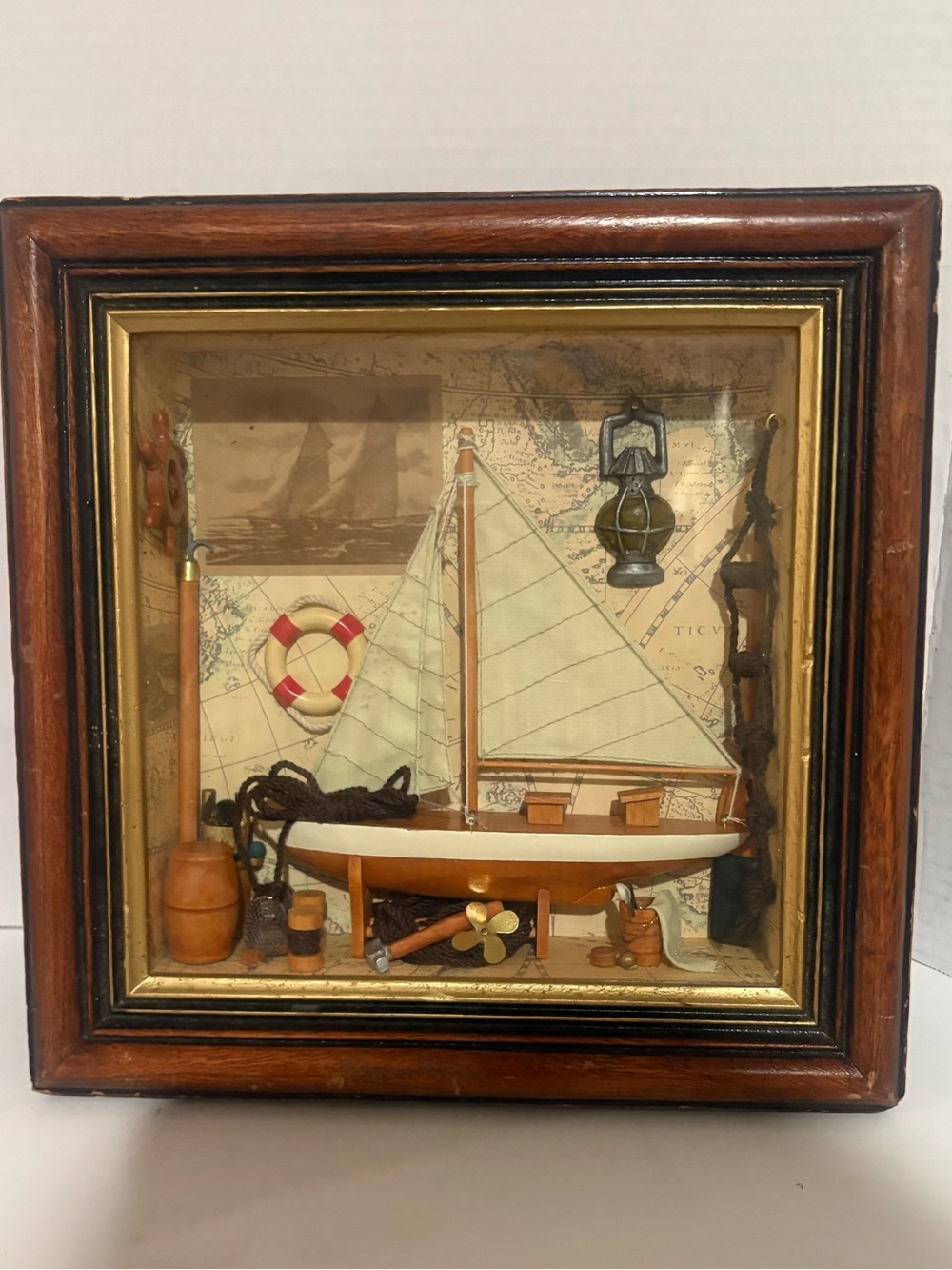 Framed Nautical Shadow Box with Sailboat and Maritime Accents - Vintage